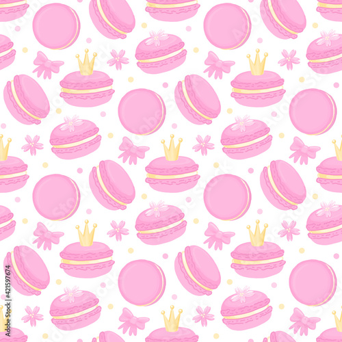 Cute pattern with macaroon (French confection of egg whites, icing sugar, ground almonds and food coloring), with crown, sakura flowers, and bow. Beautiful print design for decor, wrapping paper etc.