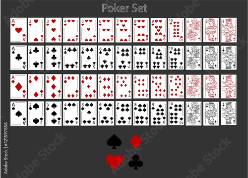 Vector playing cards. Original full deck of 52 black and red cards in modern line art. Cards with illustrations of king, queen, jack. Vector set including hearts, diamonds, clubs and spade suits
