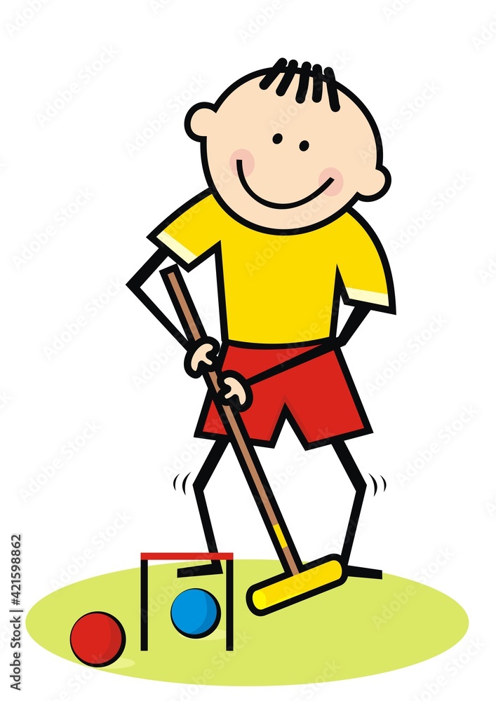 croquet, boy with mallet and balls, funny vector illustration croquet, boy with mallet and balls, funny vector illustration
