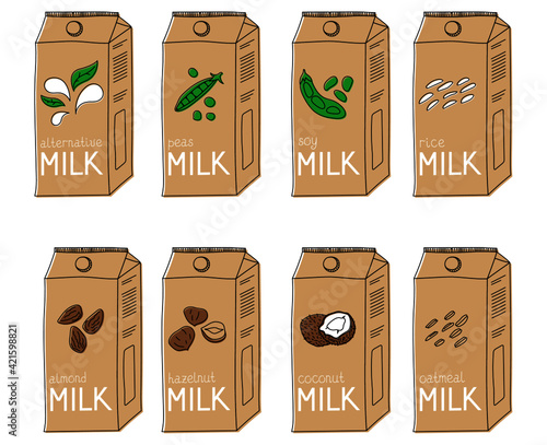Eight isolated alternative milk cartons illustrations. Various dairy free milk substitute drink.