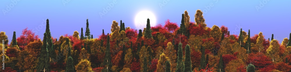 Autumn landscape at sunset of the day, autumn park under the sun, autumn trees against the sky, 3D rendering