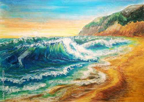 watercolor illustration of a sea wave at sunset