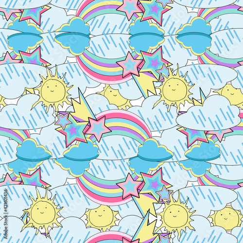 Nursery seamless pattern. Fantasy pattern with rainbow unicorns, flowers, comets and stars. Colorful bright vector background.