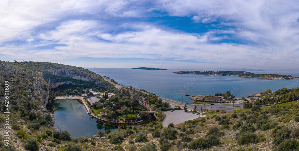 Vouliagmeni lake and nearby coastal area, aerial drone view, Athens Greece.