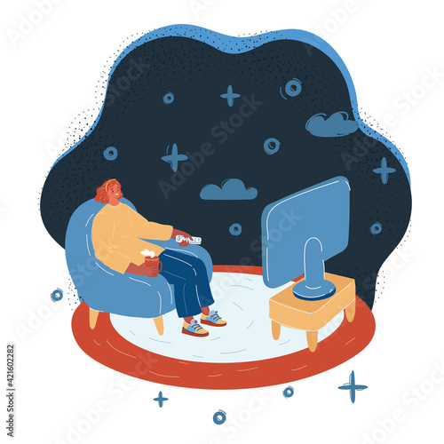 Vector illustration of woman in an armchair watches TV on white.