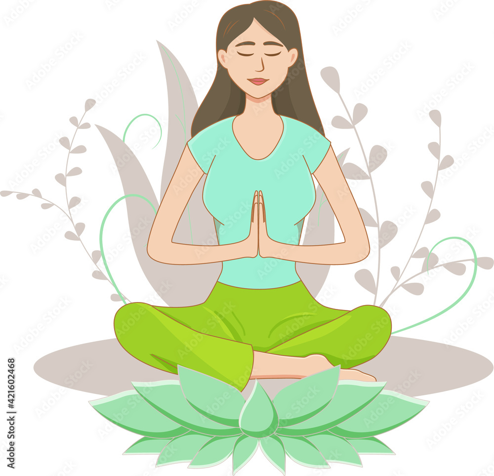 Young woman meditating. Yoga. Concept of healthy lifestyle. Vector isolated white background