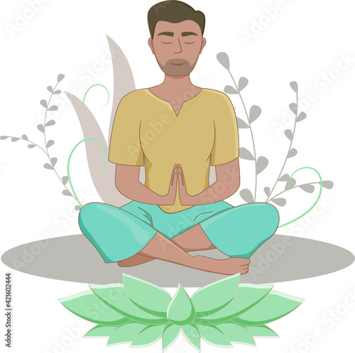 A man sits cross-legged and meditates. Young man practices yoga in lotus position. Calm pose, mental balance, harmony. Vector illustration cartoon style