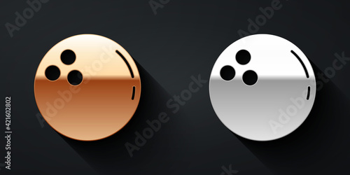 Gold and silver Bowling ball icon isolated on black background. Sport equipment. Long shadow style. Vector