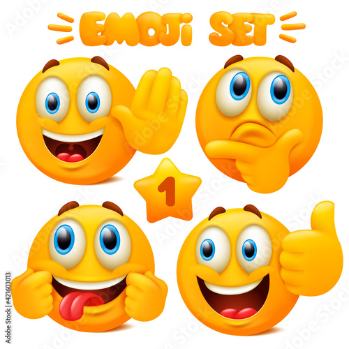 Set of yellow emoji icons Emoticon cartoon character with different facial expressions in 3d style isolated in white background. Part 1