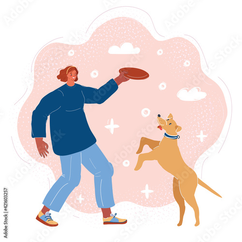 Vector illustration of woman play with dog on pink backround.