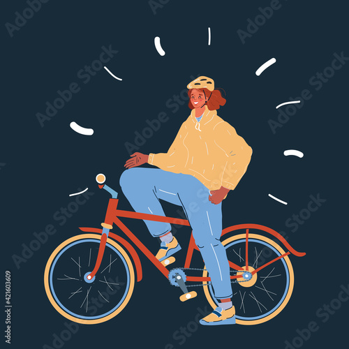 Vector illustration of Biker girl teen ride on bike on dark bacround. photo