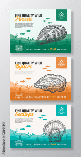 Fine Quality Organic Seafood. Abstract Vector Food Packaging Labels Set. Modern Typography and Hand Drawn Scallop, Mussel and Oyster Silhouettes. Sea Bottom Landscape Background Layout with Banner