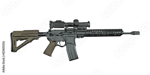 Vector Illustration of a Armalite ar-15 Rifle with Olive Drab colored Stock and Handguard.
