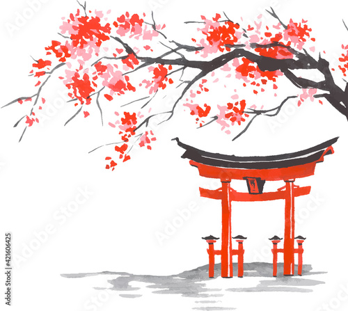 Japan traditional sumi-e painting. Fuji mountain, sakura, sunset. Japan sun. Indian ink vector illustration. Japanese picture.