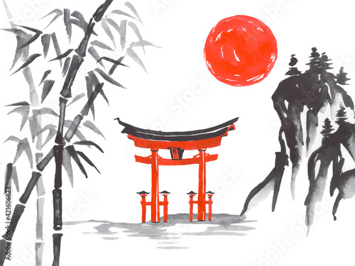 Japan traditional sumi-e painting. Fuji mountain, sakura, sunset. Japan sun. Indian ink vector illustration. Japanese picture.