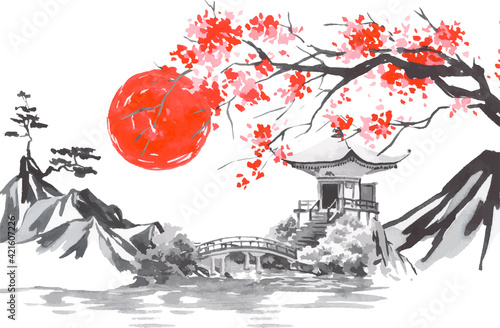 Japan traditional sumi-e painting. Fuji mountain, sakura, sunset. Japan sun. Indian ink vector illustration. Japanese picture.