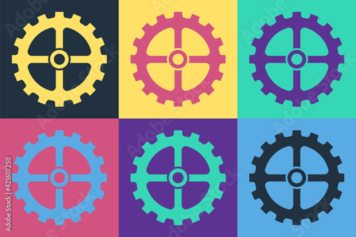 Pop art Bicycle sprocket crank icon isolated on color background. Vector