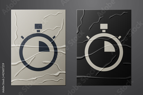 White Stopwatch icon isolated on crumpled paper background. Time timer sign. Chronometer sign. Paper art style. Vector