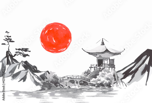 Japan traditional sumi-e painting. Fuji mountain, sakura, sunset. Japan sun. Indian ink vector illustration. Japanese picture.