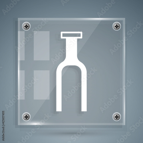 White Bicycle suspension fork icon isolated on grey background. Sport transportation spare part steering wheel. Square glass panels. Vector