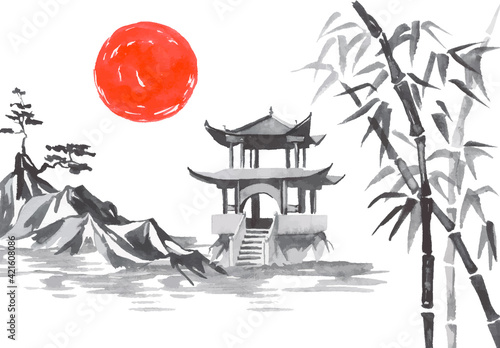 Japan traditional sumi-e painting. Fuji mountain, sakura, sunset. Japan sun. Indian ink vector illustration. Japanese picture.