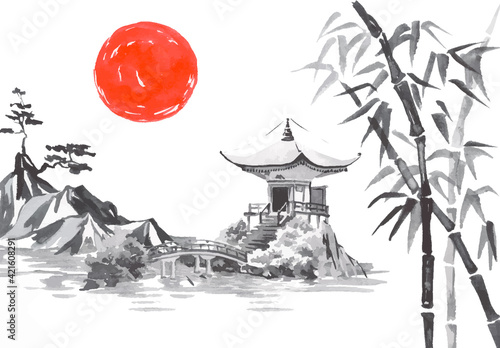 Japan traditional sumi-e painting. Fuji mountain, sakura, sunset. Japan sun. Indian ink vector illustration. Japanese picture.