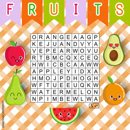 Easy word search  puzzle about fruits. Educational game for learning English words. Kawaii  crossword for kids. Vector illustration. 