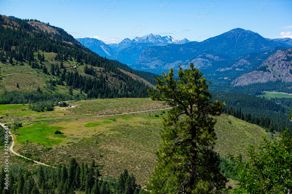 Winthrop, Washington State, green mountain valley and evergreens