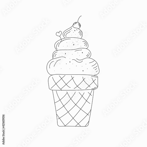 Hand drawn Ice cream, food isolated on white background. Vector illustration in doodle style. Freehand drawing
