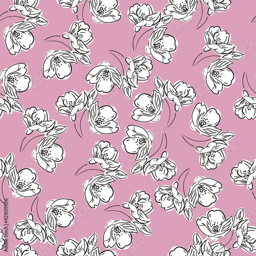 Seamless floral pattern of black and white hand-drawn flowers. Light spring print on a very light purple background.