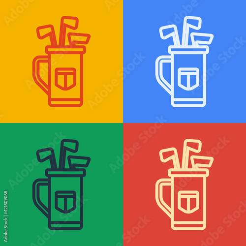 Pop art line Golf bag with clubs icon isolated on color background. Vector