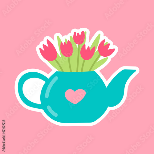 Spring teapot with flowers on white background