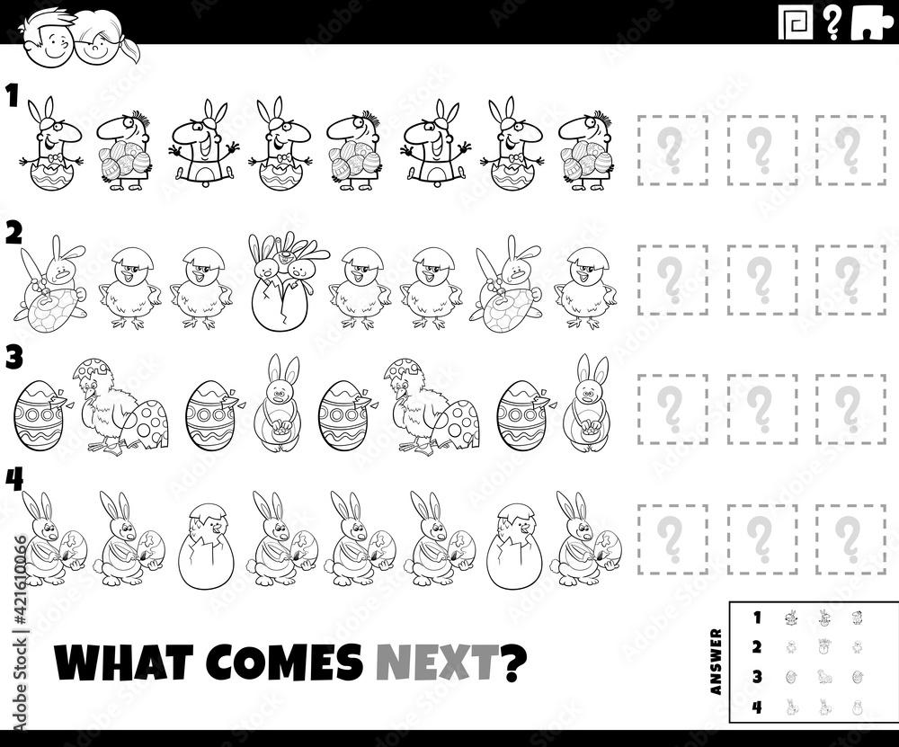 Fototapeta premium pattern task with cartoon Easter characters coloring book page