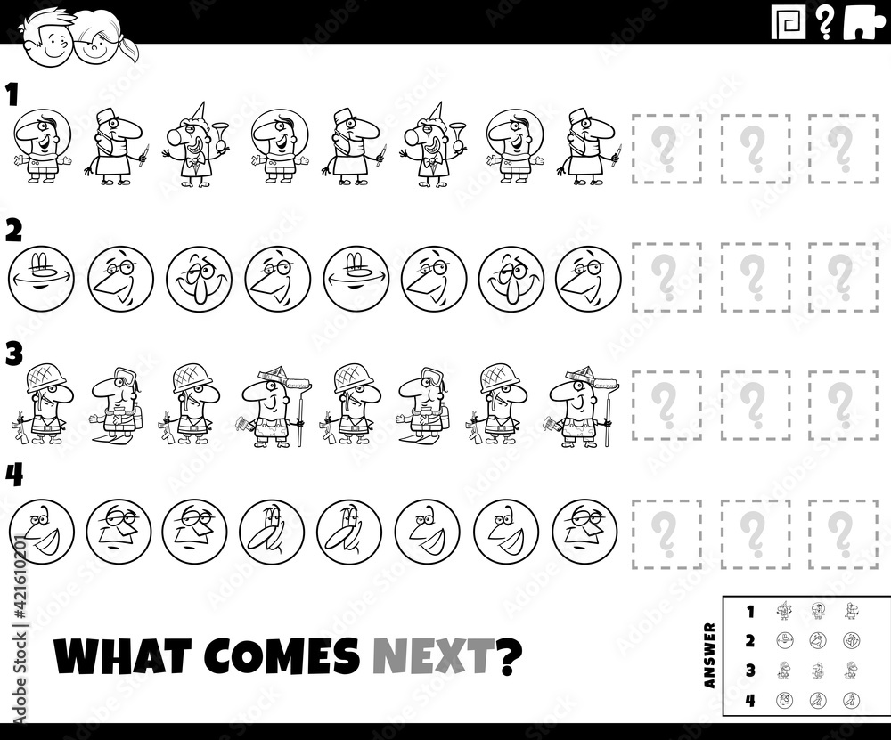 Fototapeta premium pattern game with cartoon characters coloring book page