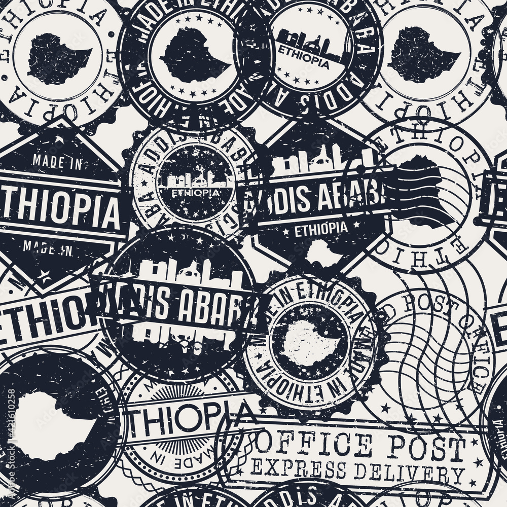 Addis Ababa, Ethiopia Pattern of Stamps. Travel Passport Stamps. Made In Product. Design Seals in Old Style Insignia Seamless. Icon Clip Art Vector Collection.
