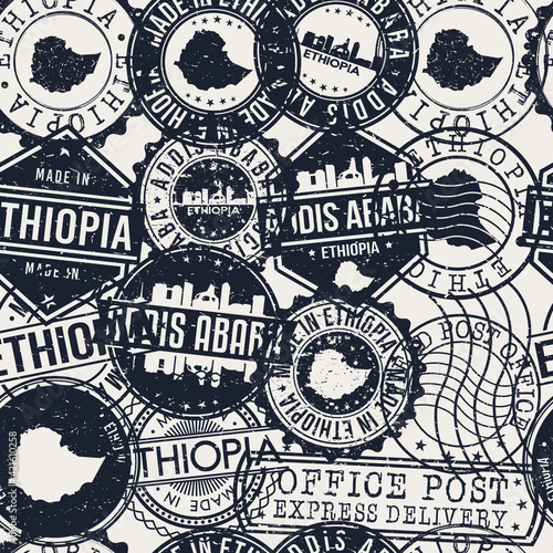 Addis Ababa, Ethiopia Pattern of Stamps. Travel Passport Stamps. Made In Product. Design Seals in Old Style Insignia Seamless. Icon Clip Art Vector Collection.