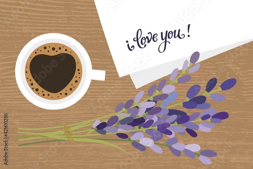 Bouquet and a cup of coffee. Lavender flowers and a cup of coffee. Coffee and a note i love you.