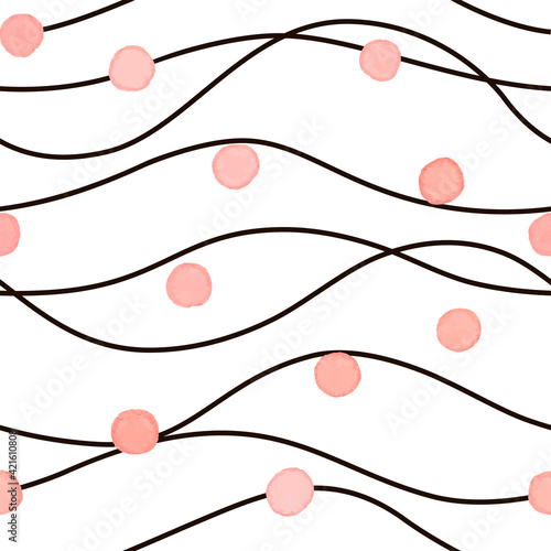 Seamless pattern with wavy lines and polka dots. 