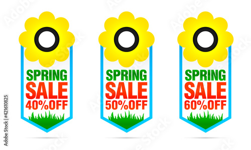 Set of colorful Spring sale badges 40%, 50%, 60% off with flower. Vector illustration