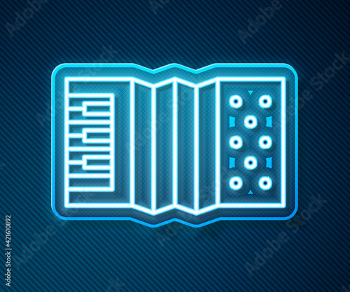 Glowing neon line Musical instrument accordion icon isolated on blue background. Classical bayan, harmonic. Vector