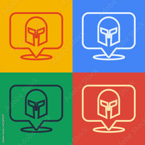 Pop art line Greek helmet icon isolated on color background. Antiques helmet for head protection soldiers with a crest of feathers or horsehair. Vector