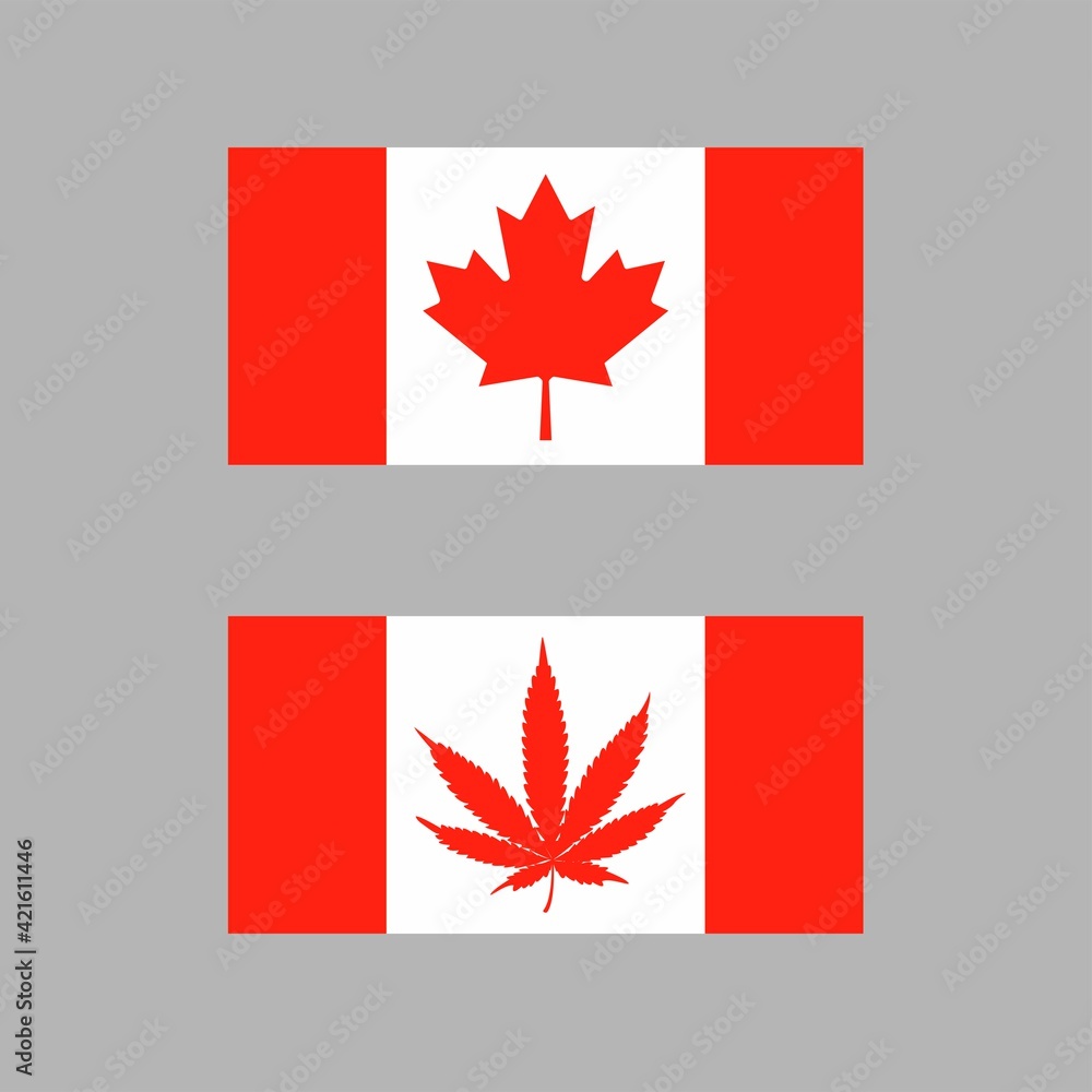 Variants of the Canadian flag with a red hemp or maple leaf. Legalization of marijuana. Vector illustration Variants of the Canadian flag with a red hemp or maple leaf. Legalization of marijuana. Vector illustration