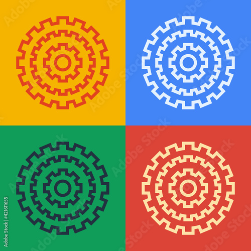 Pop art line Bicycle cassette mountain bike icon isolated on color background. Rear Bicycle Sprocket. Chainring crankset with chain. Vector