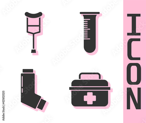 Set First aid kit, Crutch or crutches, Inhaler and Test tube and flask icon. Vector