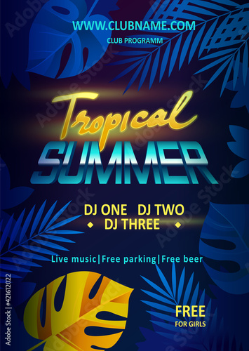 Night party vector flyer template. Tropical summer beach party, night club show poster - stock vector. 
