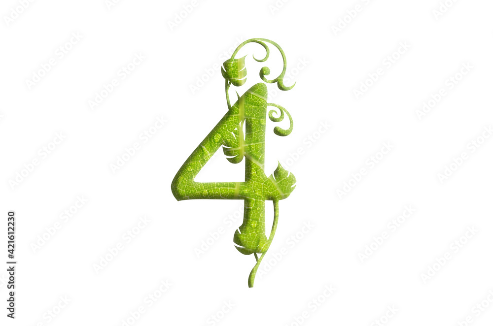 Green leaf number 4, garden eco friendly isolated design element, 3d illustration font Green leaf number 4, garden eco friendly isolated design element, 3d illustration font