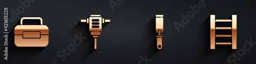 Set Toolbox, Electric rotary hammer drill, Rasp metal file and Wooden staircase icon with long shadow. Vector