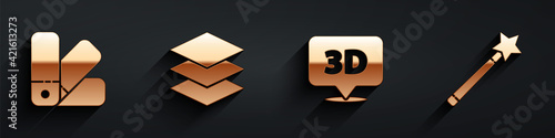 Set Color palette guide, Layers, Speech bubble with text 3D and Magic wand icon with long shadow. Vector