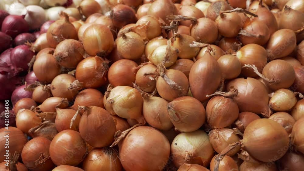 Onions big golden on the counter market. Harvest, background, texture . Onions big golden on the counter market. Harvest, background, texture .