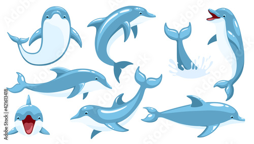 Set of cute dolphins. Cute blue dolphins set, dolphin jumping and performings tricks with ball for entertainment show